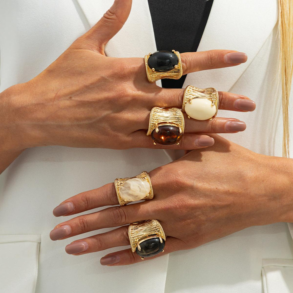 European and American Cross-Border Jewelry Ancient Style Maillard Blooming Gemstone Open Ring Ins Retro Geometric Wide Ring Ring