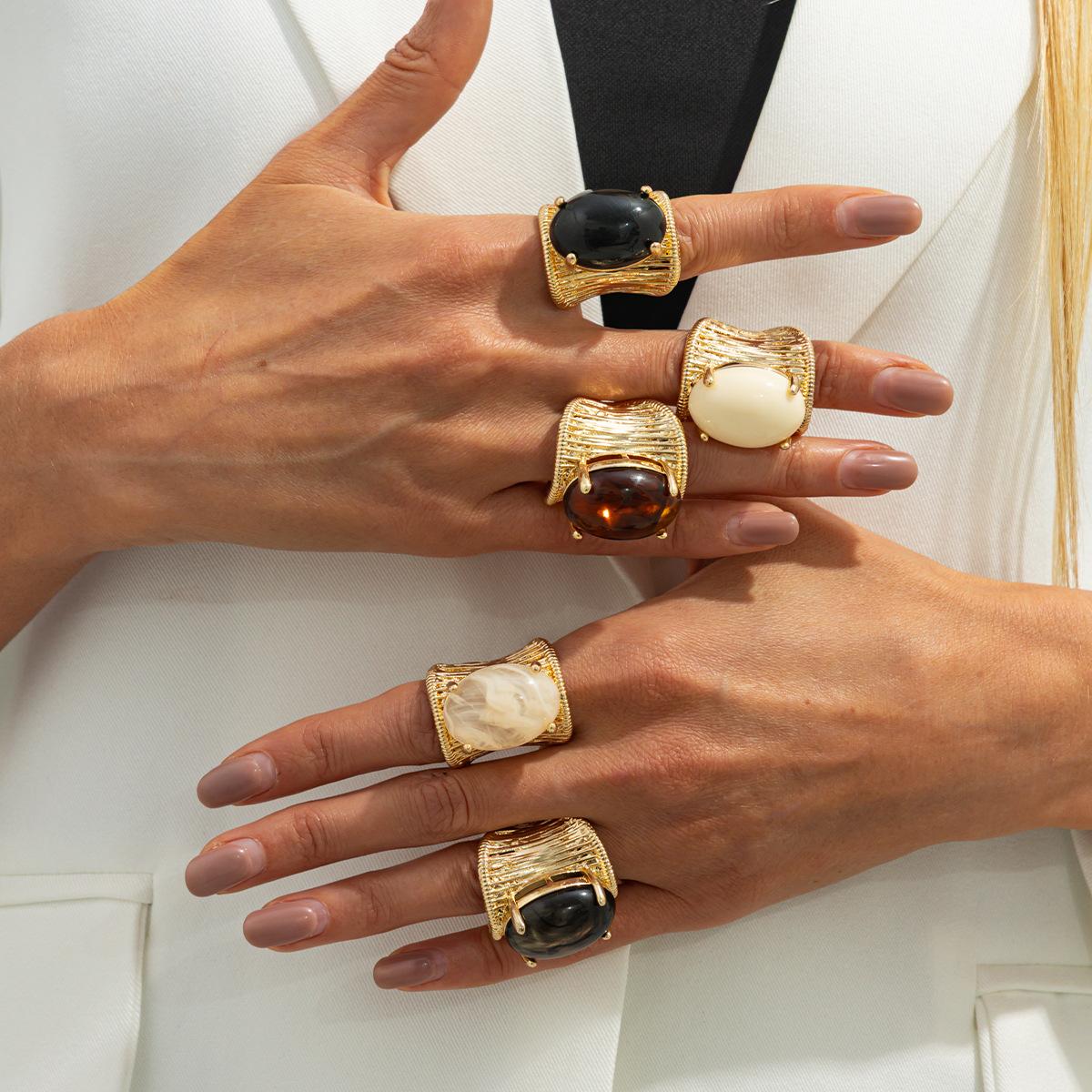 European and American Cross-Border Jewelry Ancient Style Maillard Blooming Gemstone Open Ring Ins Retro Geometric Wide Ring Ring