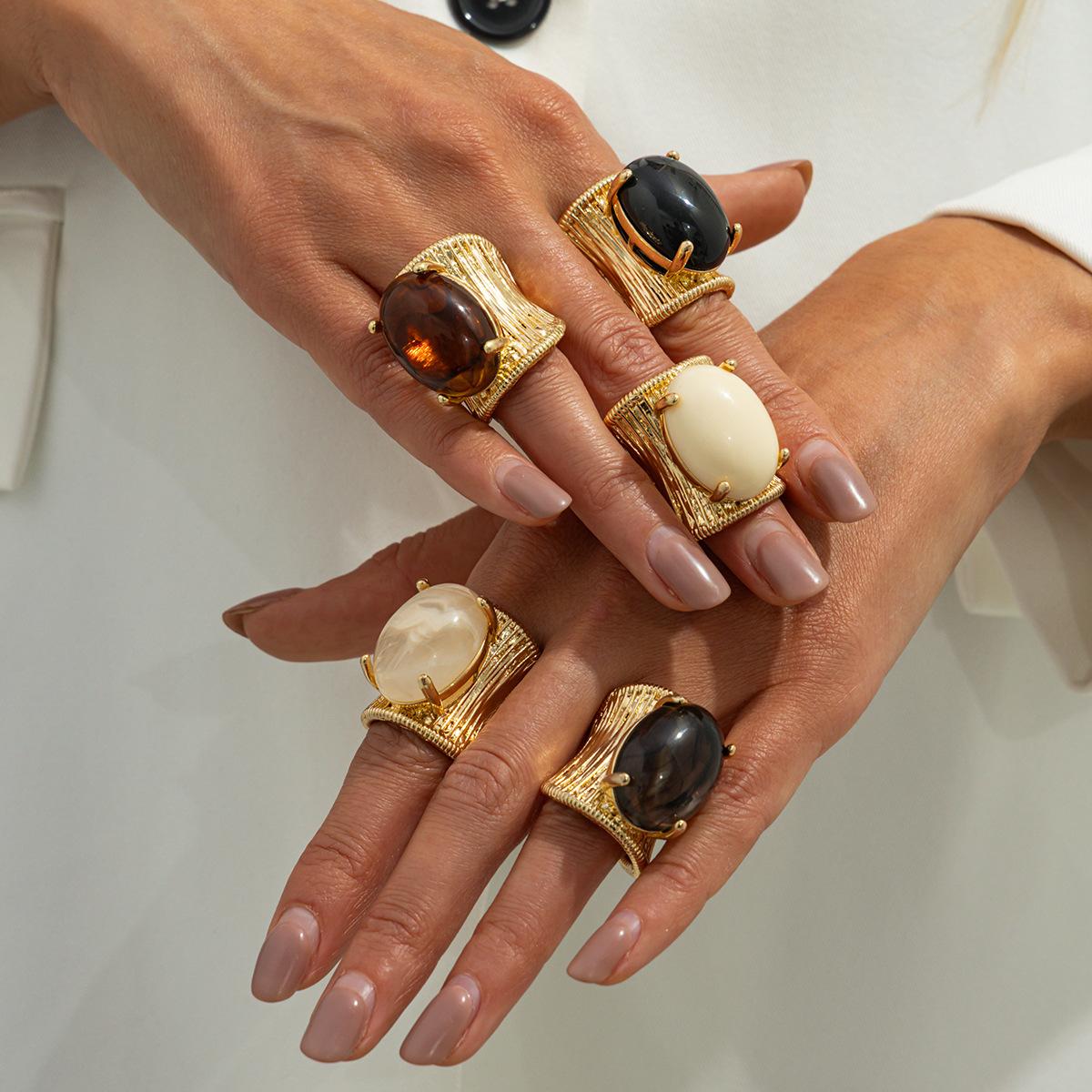 European and American Cross-Border Jewelry Ancient Style Maillard Blooming Gemstone Open Ring Ins Retro Geometric Wide Ring Ring