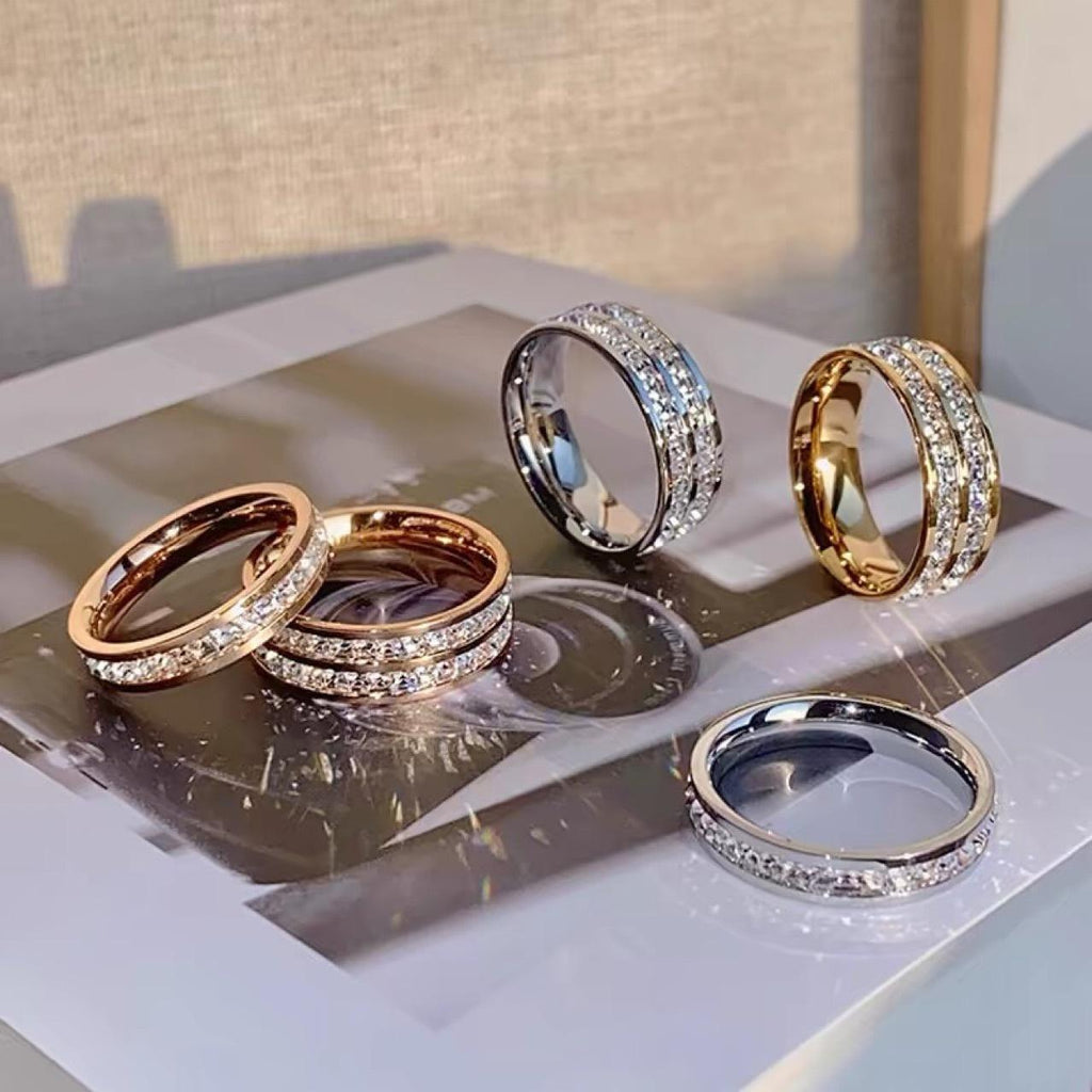 Wholesale Supply Ring Non-Fading Female Ins Couple Ring Full Diamond Zircon Titanium Steel Ring High-Grade Light Luxury Ring