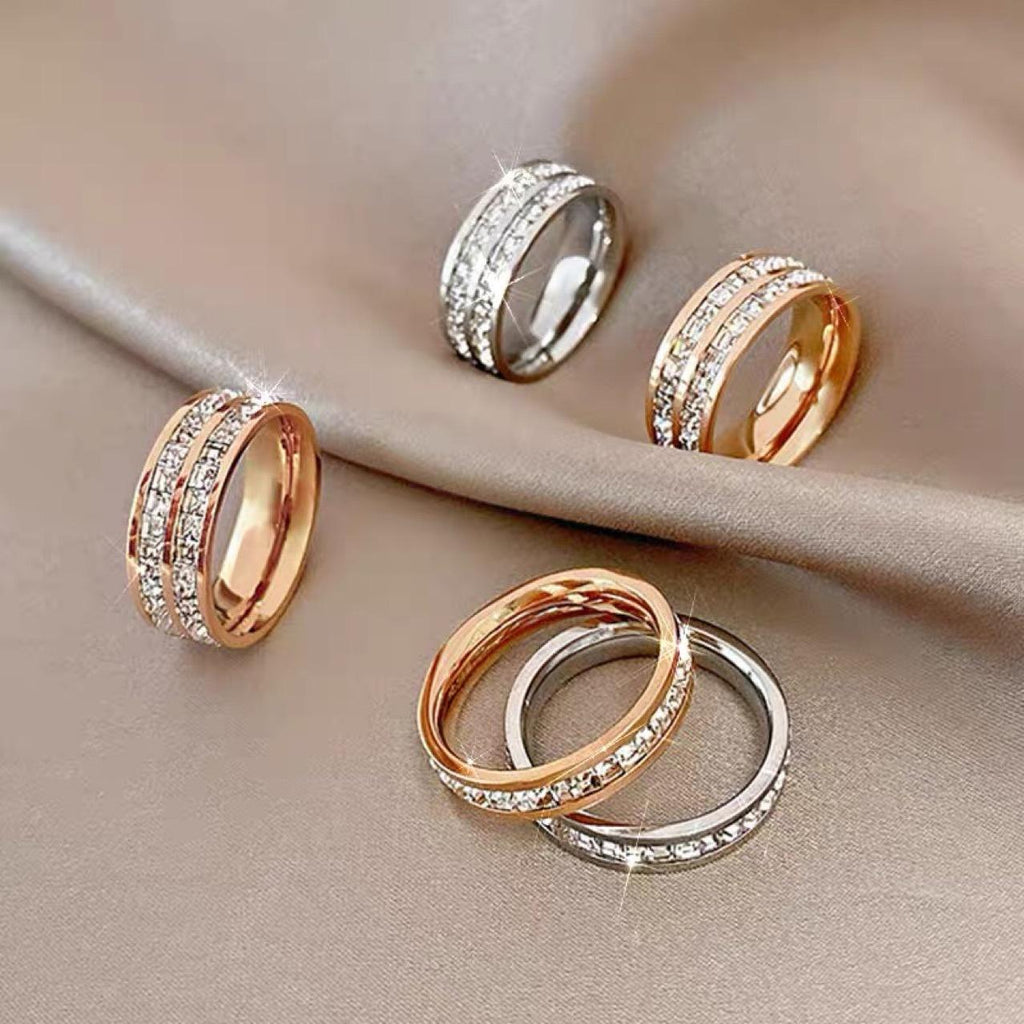 Wholesale Supply Ring Non-Fading Female Ins Couple Ring Full Diamond Zircon Titanium Steel Ring High-Grade Light Luxury Ring