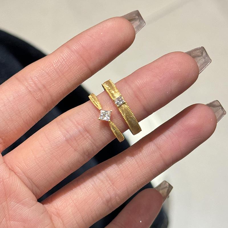 Golden Mid-Ancient Style Cube Sugar Ring Female Niche Retro Design Sense Plain Ring Zircon Open Ring Couple Ring Fashion