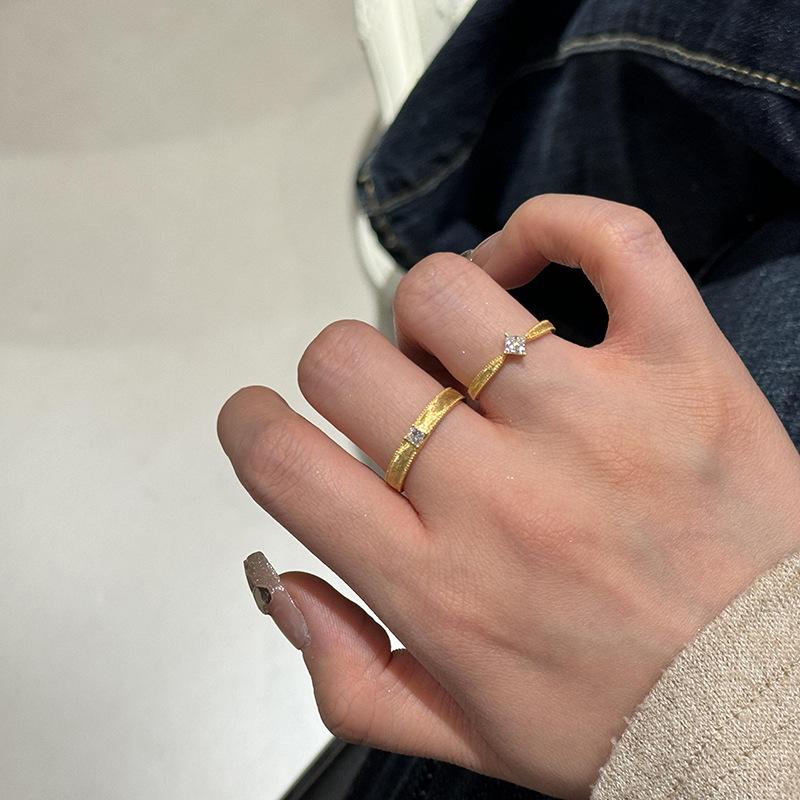 Golden Mid-Ancient Style Cube Sugar Ring Female Niche Retro Design Sense Plain Ring Zircon Open Ring Couple Ring Fashion