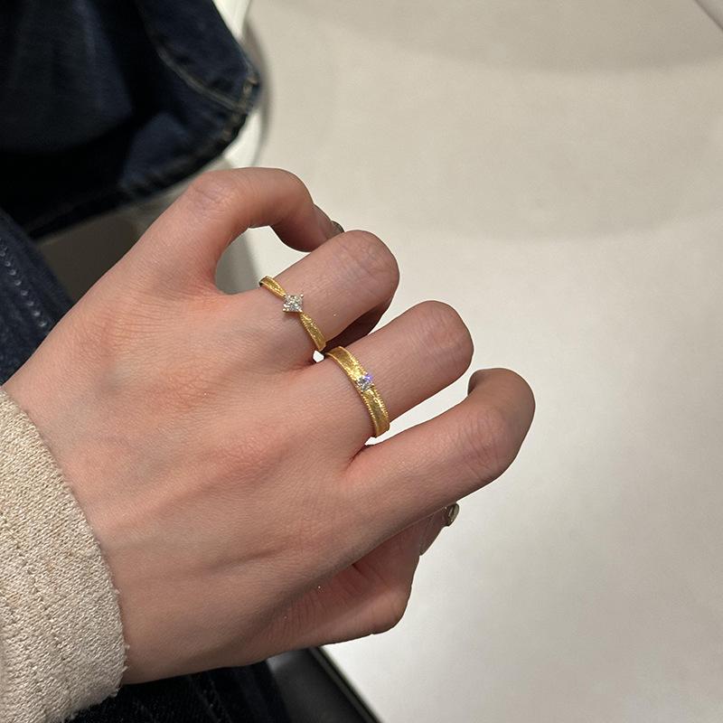 Golden Mid-Ancient Style Cube Sugar Ring Female Niche Retro Design Sense Plain Ring Zircon Open Ring Couple Ring Fashion