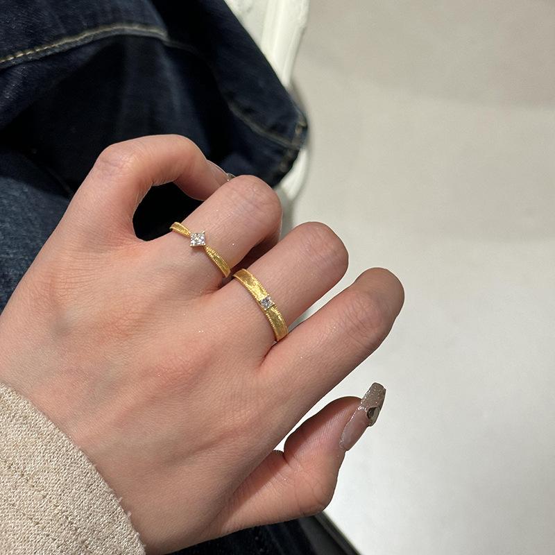 Golden Mid-Ancient Style Cube Sugar Ring Female Niche Retro Design Sense Plain Ring Zircon Open Ring Couple Ring Fashion