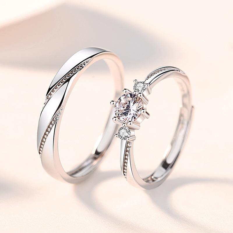 Love at first sight couple rings, niche high-end, fresh and open mouth rings, fashionable and simple copper zircon couple rings