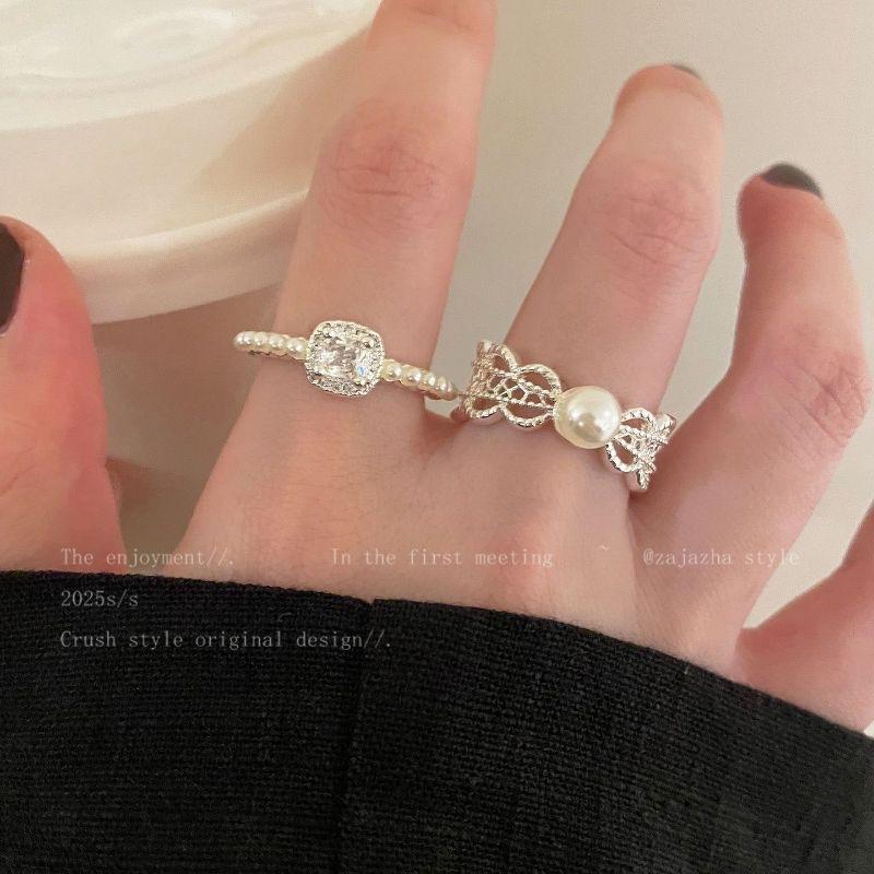 Korean Lace Artificial Pearl Zircon Ring Female Niche Opening Adjustable Diet Finger Ring Poultry House High-Grade Folding Ring