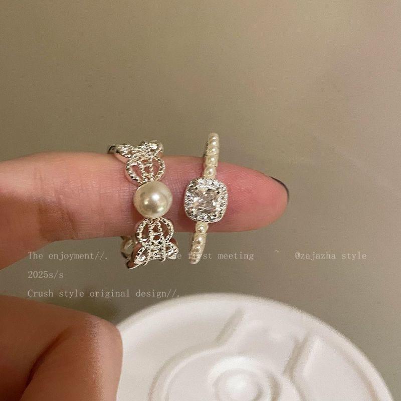 Korean Lace Artificial Pearl Zircon Ring Female Niche Opening Adjustable Diet Finger Ring Poultry House High-Grade Folding Ring