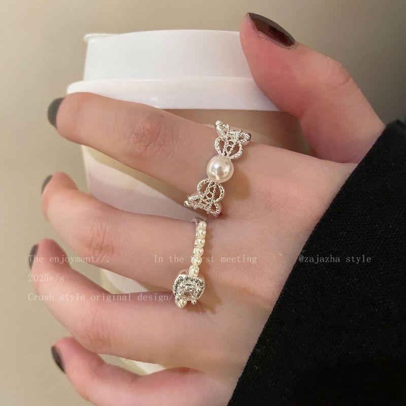 Korean Lace Artificial Pearl Zircon Ring Female Niche Opening Adjustable Diet Finger Ring Poultry House High-Grade Folding Ring