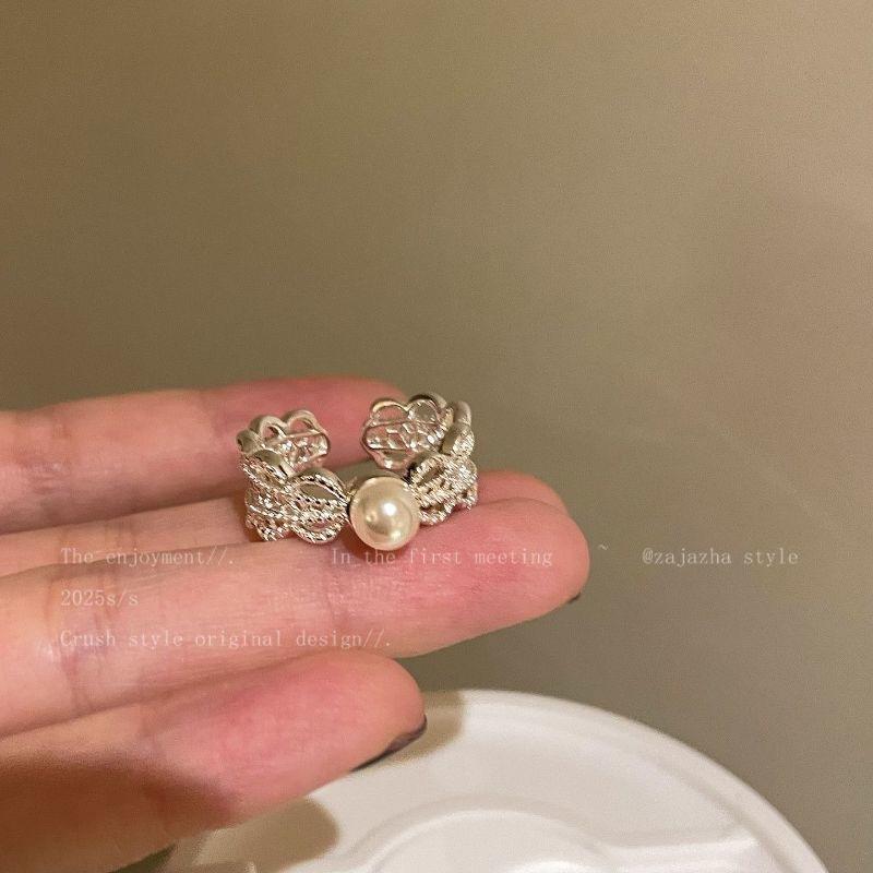 Korean Lace Artificial Pearl Zircon Ring Female Niche Opening Adjustable Diet Finger Ring Poultry House High-Grade Folding Ring