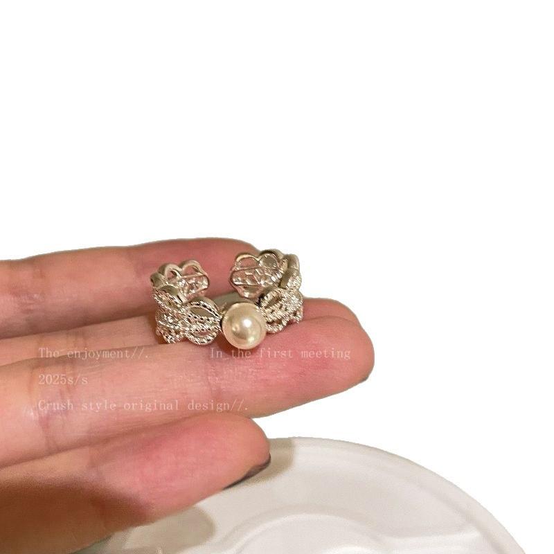 Korean Lace Artificial Pearl Zircon Ring Female Niche Opening Adjustable Diet Finger Ring Poultry House High-Grade Folding Ring