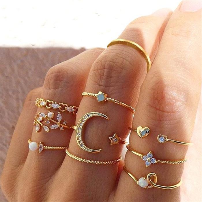 Cross-Border New Star Moon Ring Love Leaf Ring 10-Piece Joint Ring Creative Retro Female Ring Wholesale