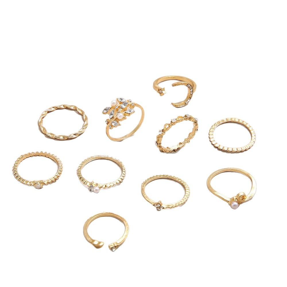 Cross-Border New Star Moon Ring Love Leaf Ring 10-Piece Joint Ring Creative Retro Female Ring Wholesale