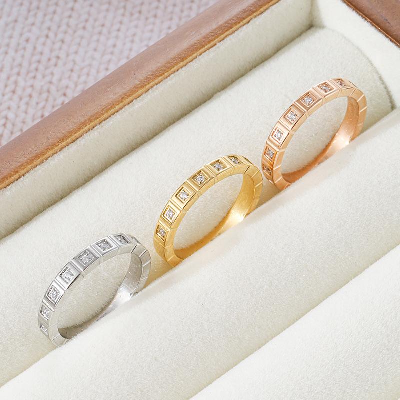 Couple Ring Chopin Ice Cube Inlaid Zircon Ring Titanium Steel Plated 18K Gold Light Luxury Fashion Geometric Square Creative Ring