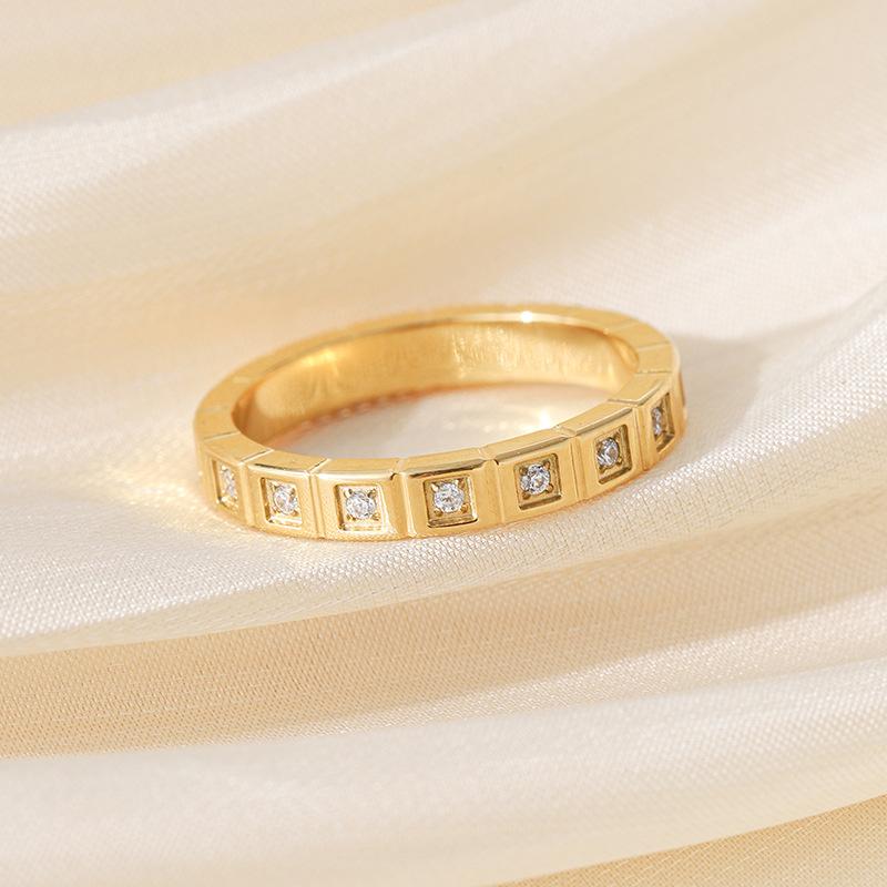 Couple Ring Chopin Ice Cube Inlaid Zircon Ring Titanium Steel Plated 18K Gold Light Luxury Fashion Geometric Square Creative Ring