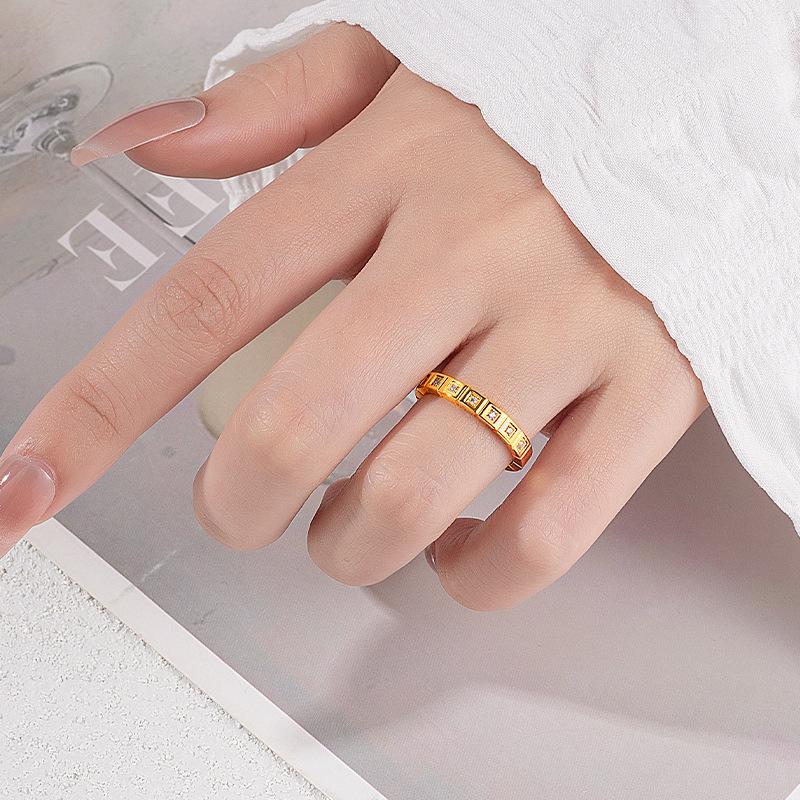 Couple Ring Chopin Ice Cube Inlaid Zircon Ring Titanium Steel Plated 18K Gold Light Luxury Fashion Geometric Square Creative Ring