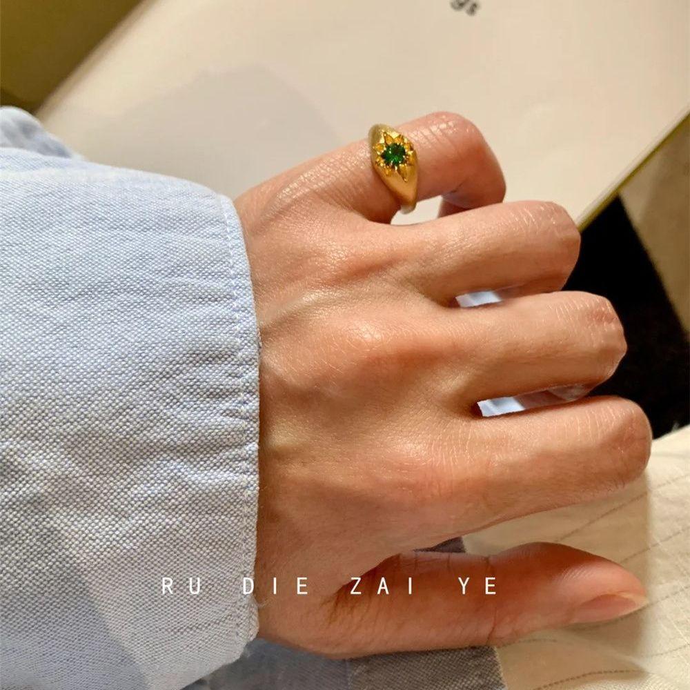 Koning Mid-Ancient Green Zircon Brushed Tail Ring Sapphire Blue Zircon High-Grade Retro Temperament Ring Open Ring