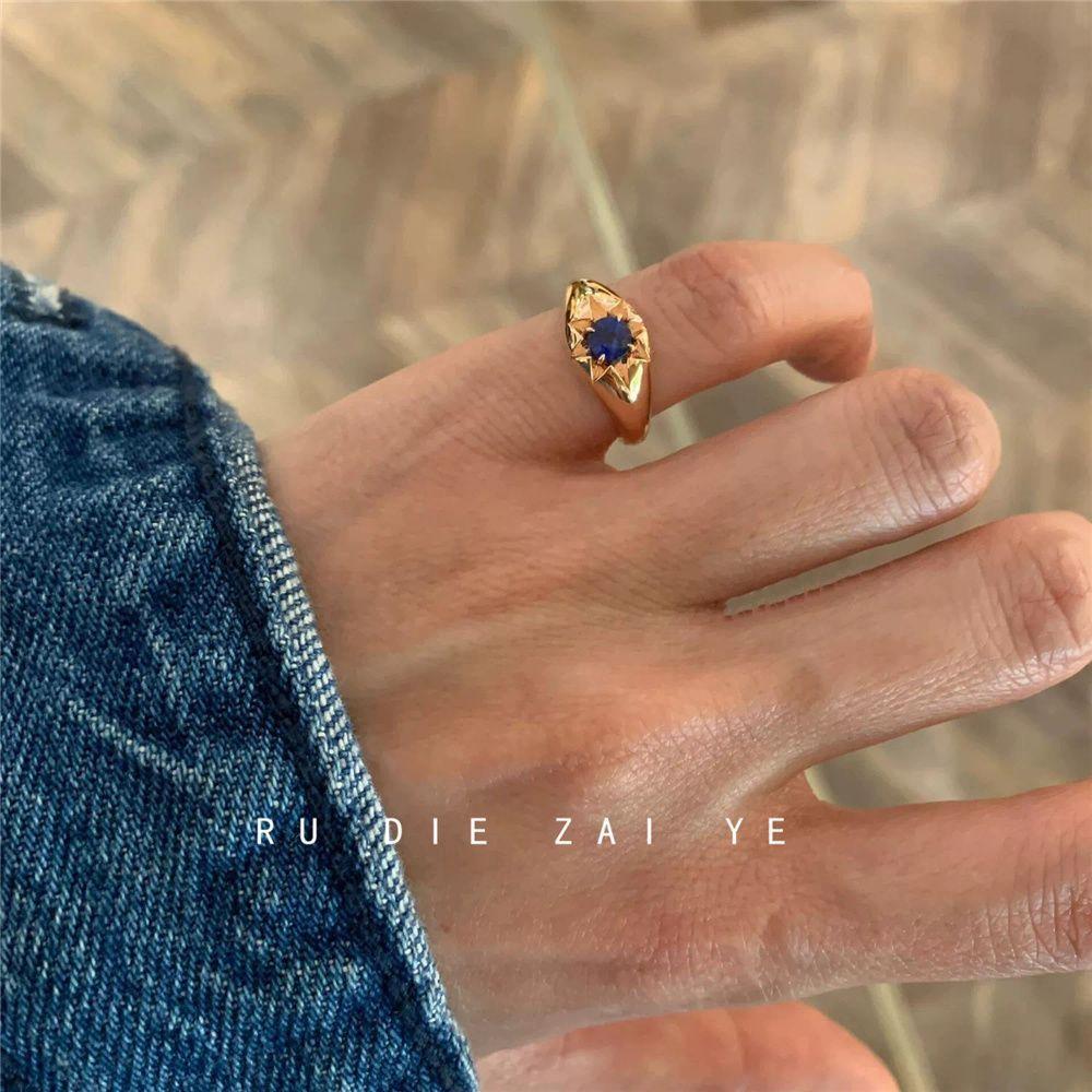 Koning Mid-Ancient Green Zircon Brushed Tail Ring Sapphire Blue Zircon High-Grade Retro Temperament Ring Open Ring
