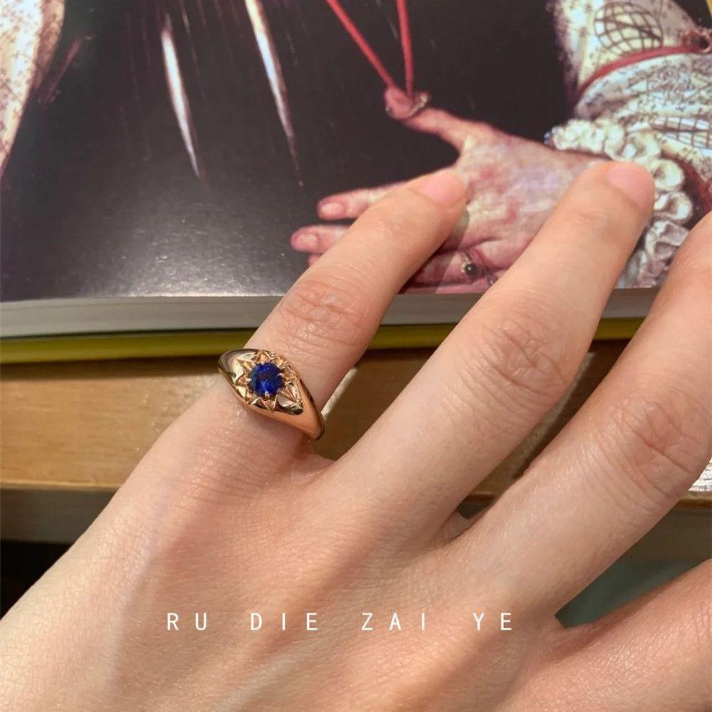 Koning Mid-Ancient Green Zircon Brushed Tail Ring Sapphire Blue Zircon High-Grade Retro Temperament Ring Open Ring