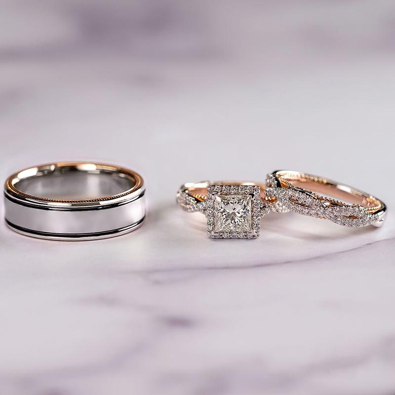 Cao Shi Hot Sale Three-Piece Ring Rose Gold Color Separation Shining Zircon Ring European and American Women's Luxury Engagement Ring
