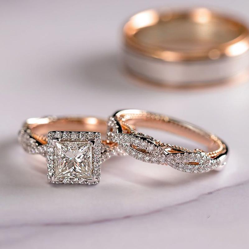 Cao Shi Hot Sale Three-Piece Ring Rose Gold Color Separation Shining Zircon Ring European and American Women's Luxury Engagement Ring