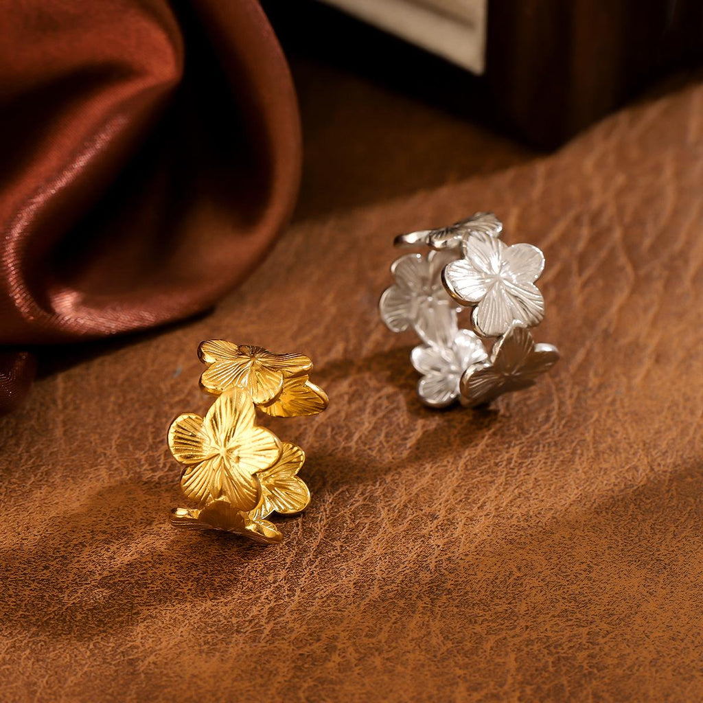 New Exaggerated Wide Ring Clover Open Ring Stainless Steel Ring Leaf Ring Niche Design Oil Pressure