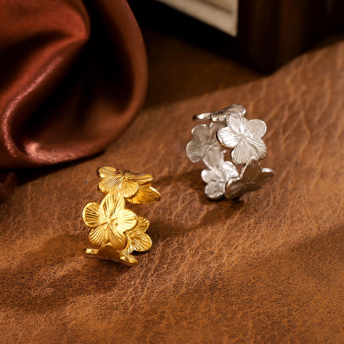 New Exaggerated Wide Ring Clover Open Ring Stainless Steel Ring Leaf Ring Niche Design Oil Pressure