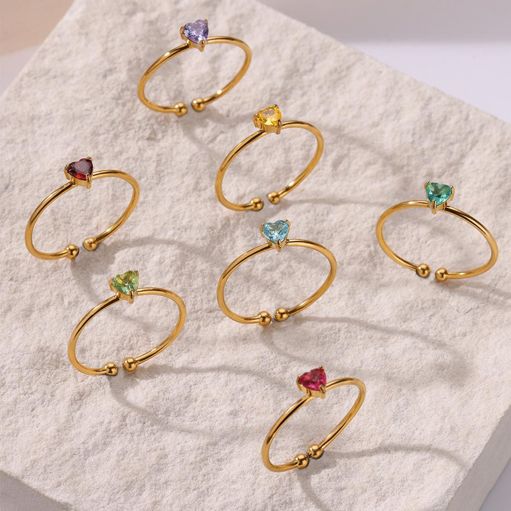 European and American Light Luxury Popular 12-Color Birthday Stone Birthday Stone Peach Heart Zircon Ring Stainless Steel 18K Gold Plated Ring for Women