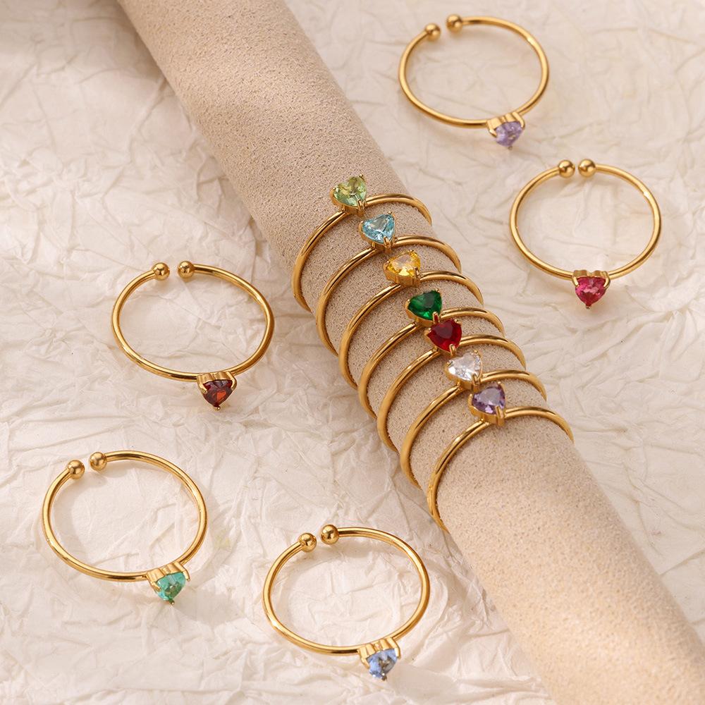 European and American Light Luxury Popular 12-Color Birthday Stone Birthday Stone Peach Heart Zircon Ring Stainless Steel 18K Gold Plated Ring for Women