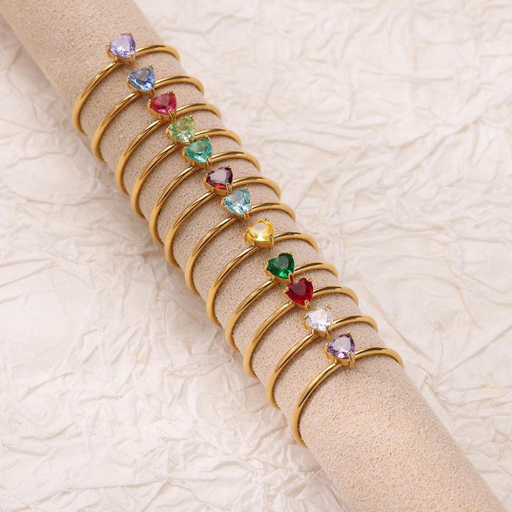 European and American Light Luxury Popular 12-Color Birthday Stone Birthday Stone Peach Heart Zircon Ring Stainless Steel 18K Gold Plated Ring for Women