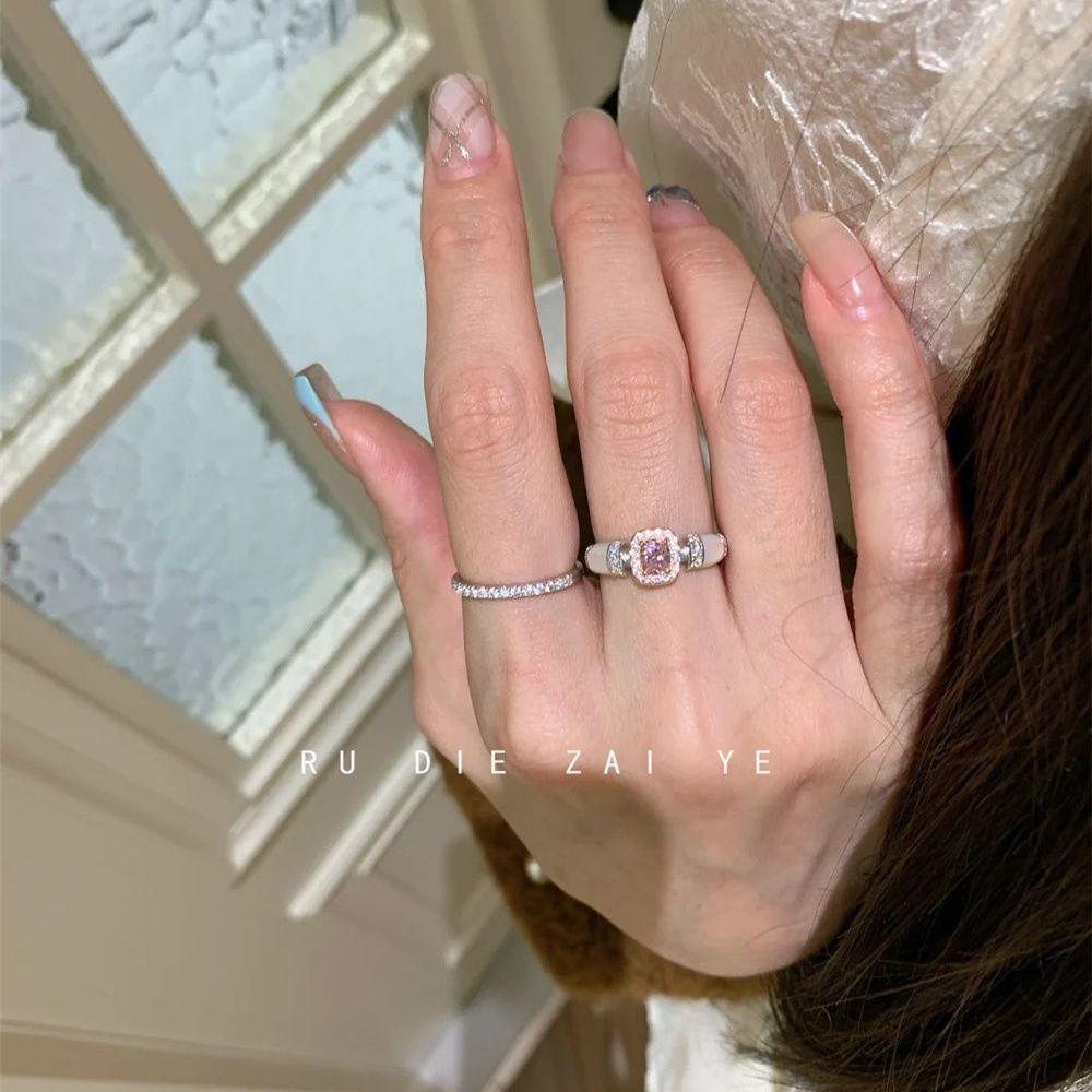 Koning Mid-Ancient Vintage Zircon Cube Sugar Ring Pink Socialite Style Gold High-Grade Light Luxury Open Ring