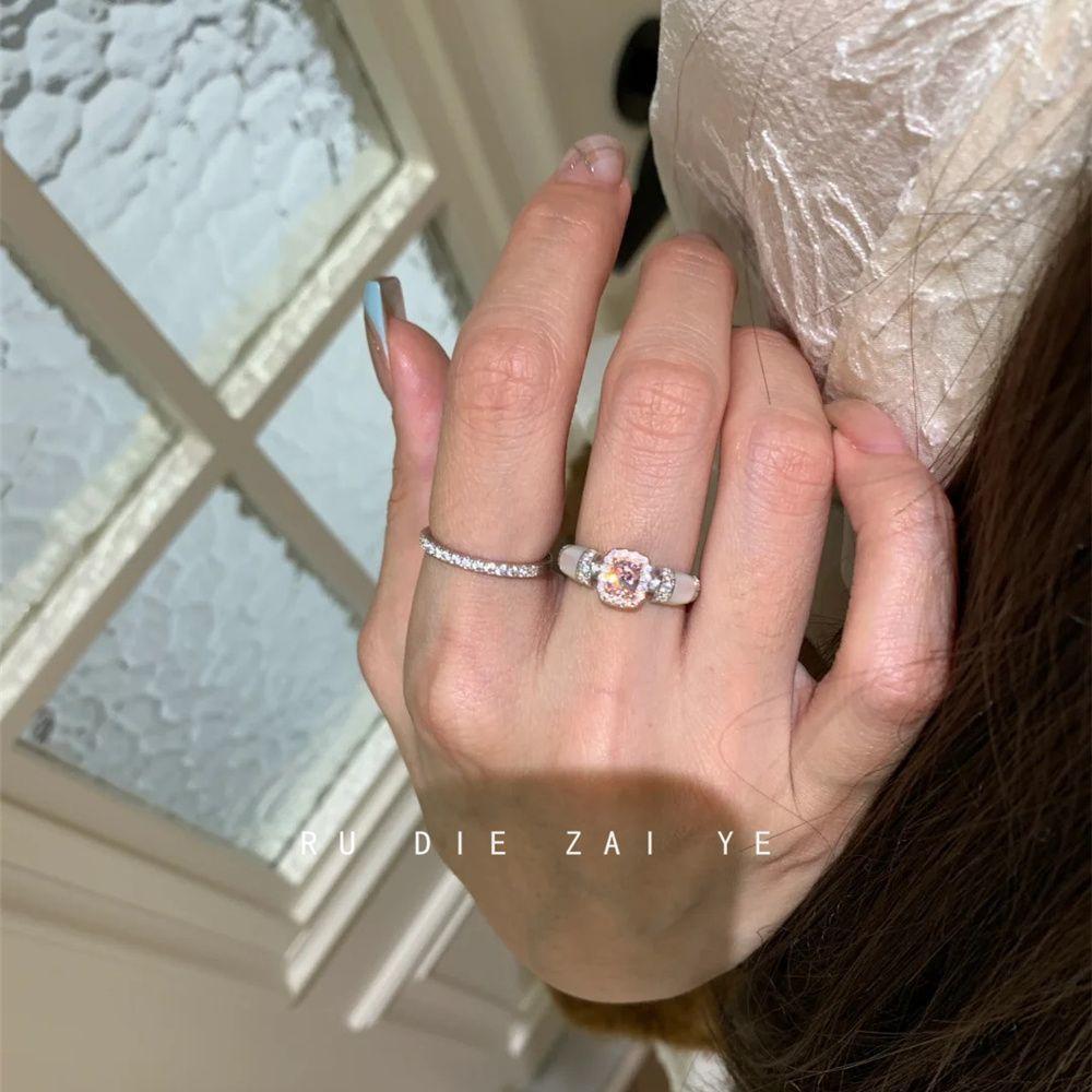 Koning Mid-Ancient Vintage Zircon Cube Sugar Ring Pink Socialite Style Gold High-Grade Light Luxury Open Ring