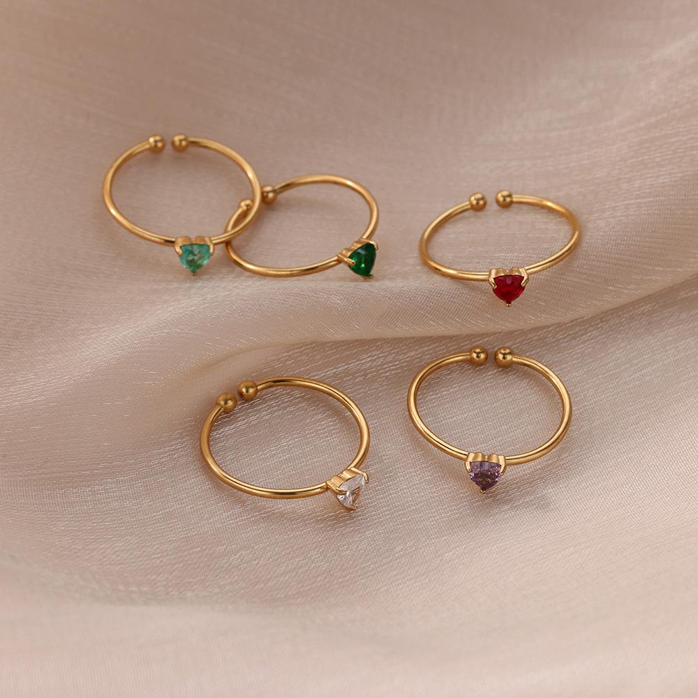 European and American Light Luxury Popular 12-Color Birthday Stone Birthday Stone Peach Heart Zircon Ring Stainless Steel 18K Gold Plated Ring for Women