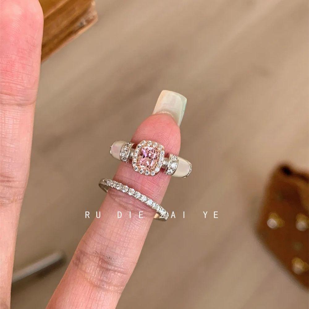Koning Mid-Ancient Vintage Zircon Cube Sugar Ring Pink Socialite Style Gold High-Grade Light Luxury Open Ring