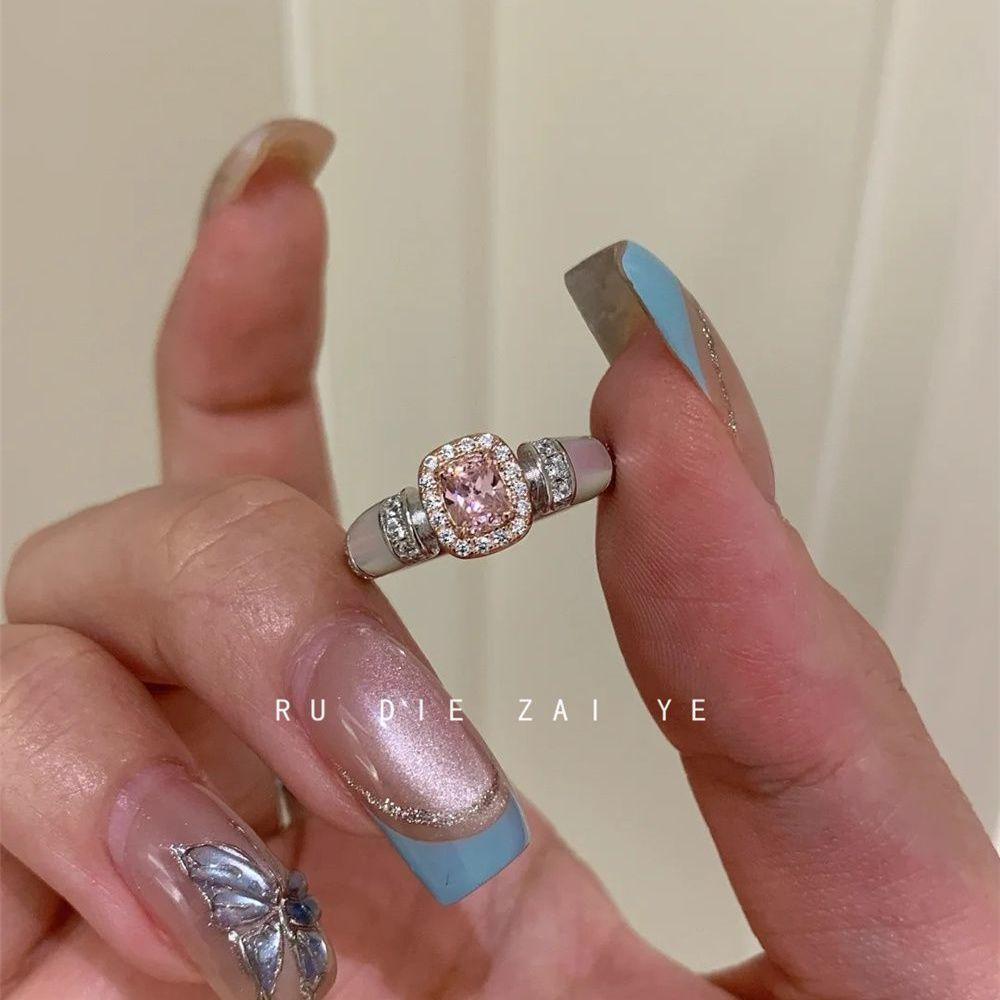 Koning Mid-Ancient Vintage Zircon Cube Sugar Ring Pink Socialite Style Gold High-Grade Light Luxury Open Ring