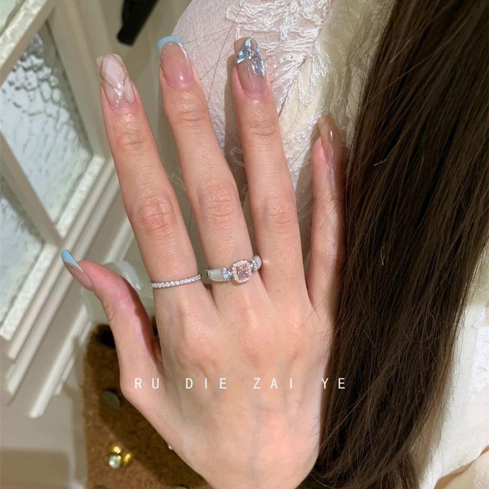 Koning Mid-Ancient Vintage Zircon Cube Sugar Ring Pink Socialite Style Gold High-Grade Light Luxury Open Ring