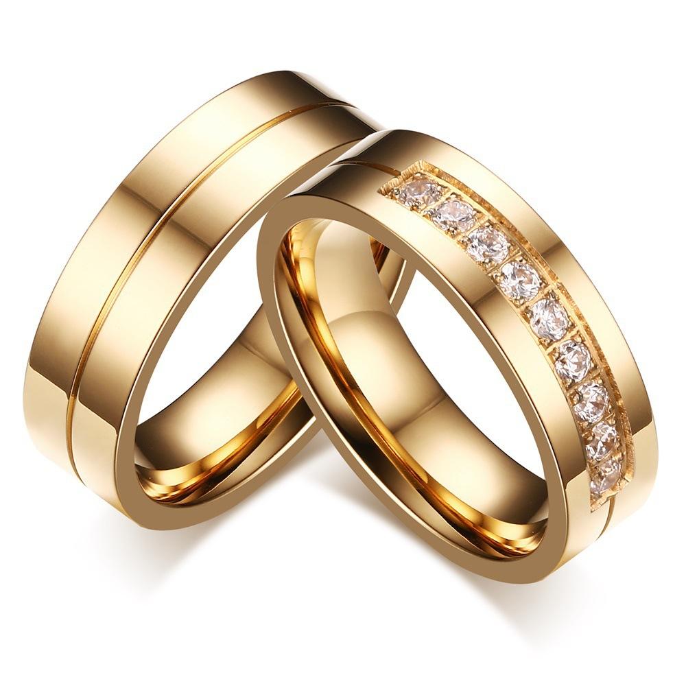 Couple Ring Simple Titanium Steel Couple Ring Pair Ring Electroplated Gold Ring Inlaid Zircon Jewelry CR-054