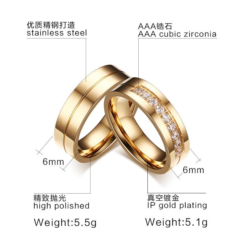 Couple Ring Simple Titanium Steel Couple Ring Pair Ring Electroplated Gold Ring Inlaid Zircon Jewelry CR-054