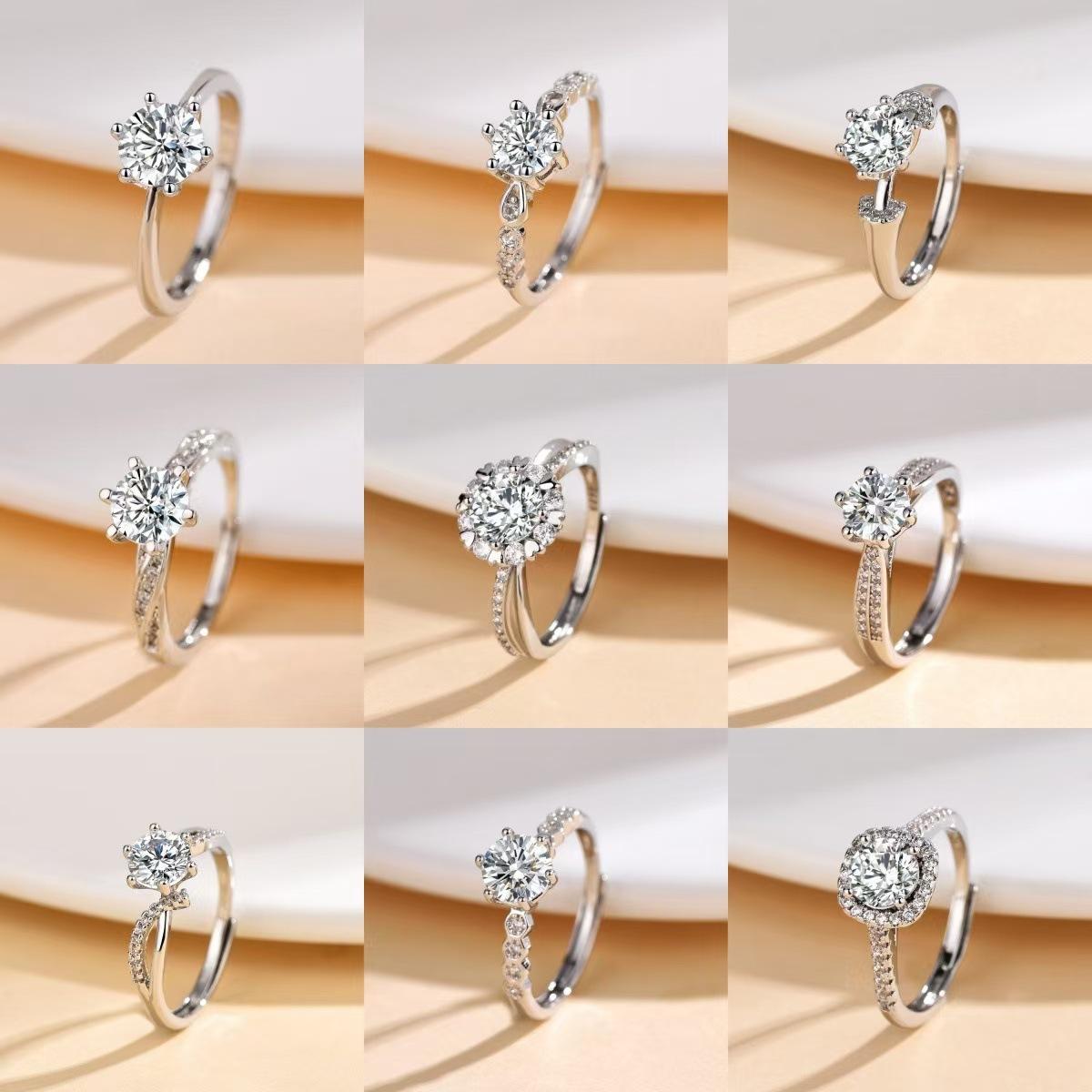 High-End Six-Claw Simulation Diamond Ring Women's Simple Fashion Couple Zircon Couple Ring Proposal Wedding Open Ring Wholesale