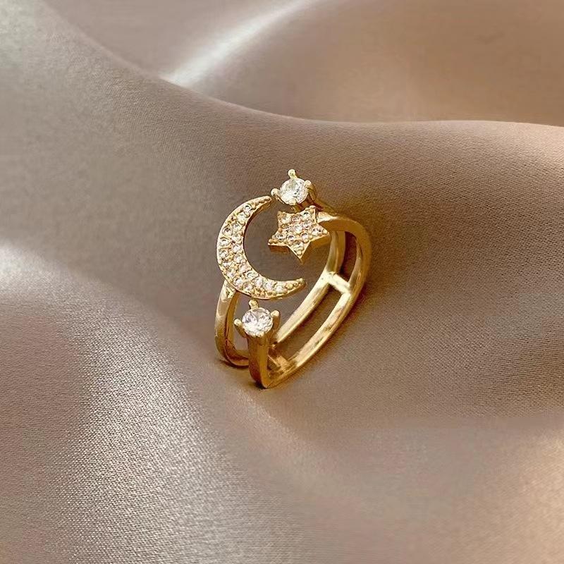 Star Moon Zircon Ring Female Fashion Personality Ring Light Luxury Advanced Open Ring All-Match Star Moon Ring