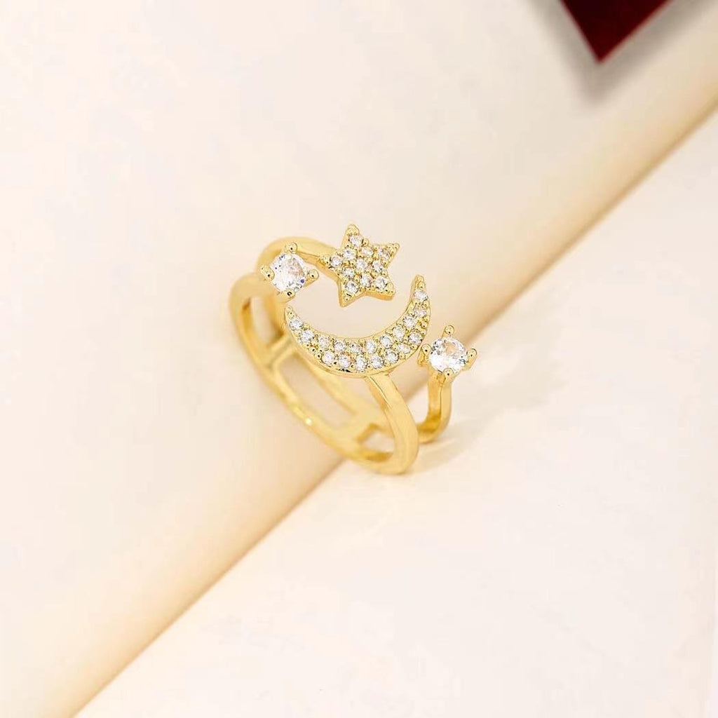 Star Moon Zircon Ring Female Fashion Personality Ring Light Luxury Advanced Open Ring All-Match Star Moon Ring