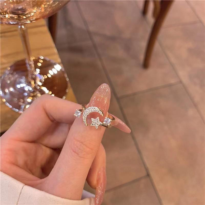 Star Moon Zircon Ring Female Fashion Personality Ring Light Luxury Advanced Open Ring All-Match Star Moon Ring
