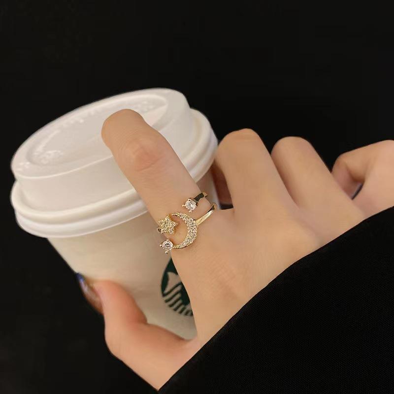 Star Moon Zircon Ring Female Fashion Personality Ring Light Luxury Advanced Open Ring All-Match Star Moon Ring