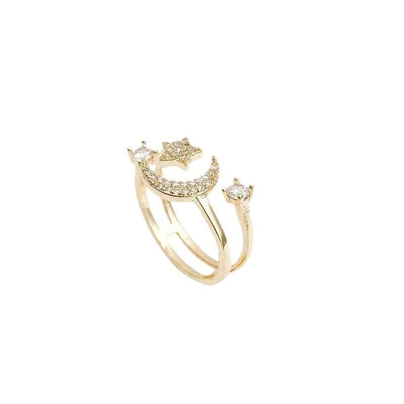 Star Moon Zircon Ring Female Fashion Personality Ring Light Luxury Advanced Open Ring All-Match Star Moon Ring