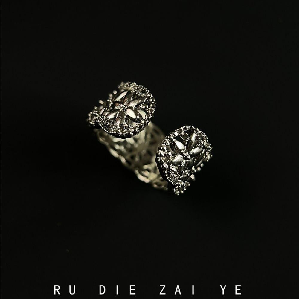 Kuning Flower Crown ~ I'm Dizzy! Mid-Ancient Vintage Zircon Flower Ring Light Luxury High-Grade Open Ring
