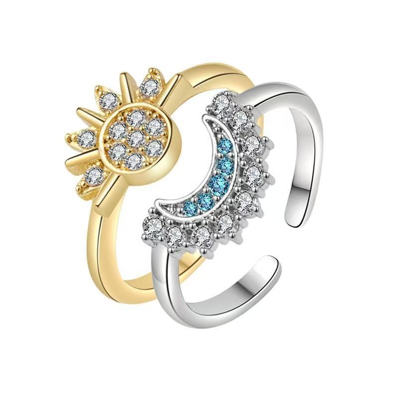 European and American New Jewelry Niche Inlaid Zircon Sun and Moon Tonghui Stacked Open Ring Ring Girl in Cross-Border Couple