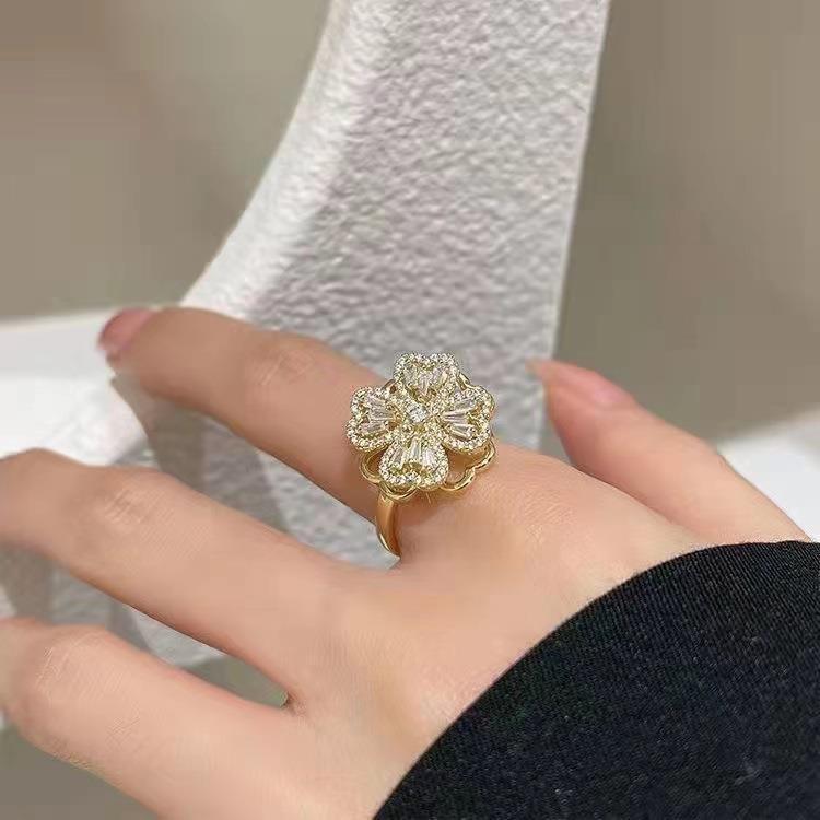 Cross-Border E-Commerce Hot Sale Zircon Rotatable Flower Ring Female Niche Fashion Light Luxury Cold Wind Decompression Open Ring