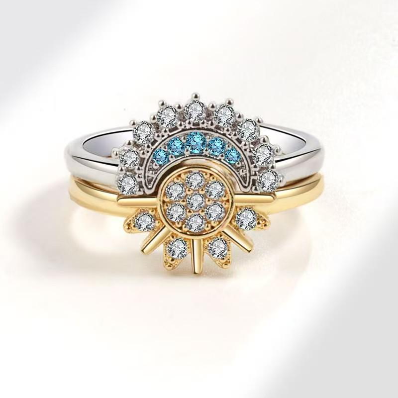 European and American New Jewelry Niche Inlaid Zircon Sun and Moon Tonghui Stacked Open Ring Ring Girl in Cross-Border Couple