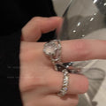 Two-Piece Moonstone Ring Female Inlaid Rhinestone Open Ring Niche Design Plain Ring Index Finger Ring French Self-Discipline Ring