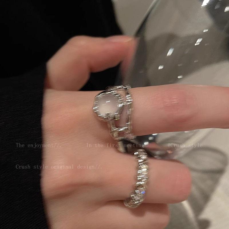 Two-Piece Moonstone Ring Female Inlaid Rhinestone Open Ring Niche Design Plain Ring Index Finger Ring French Self-Discipline Ring
